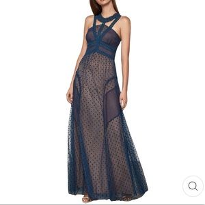 BCBG MAXAZRIA WOMENS SEMI SHEER LACE EVENING DRESS